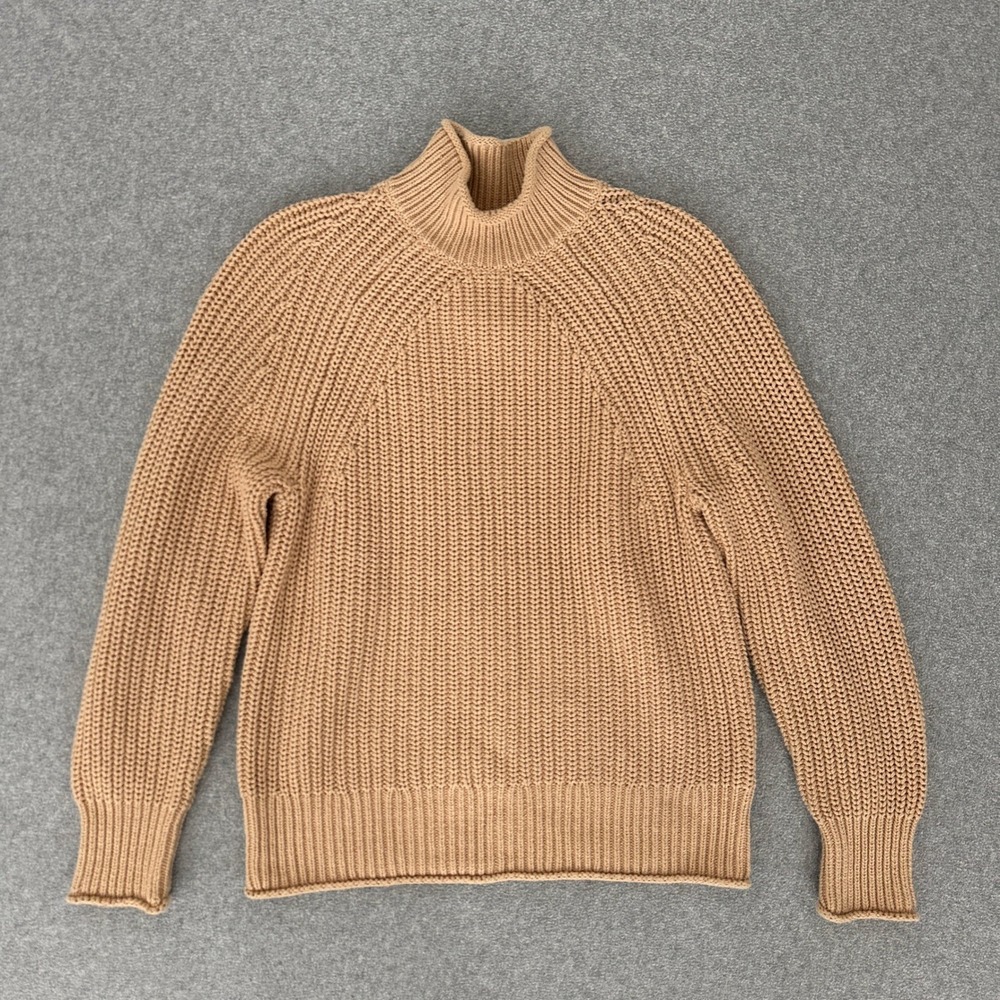 J Crew Sweater Women Small Camel Tan Cotton Chunky Ribbed Funnel Neck Transition